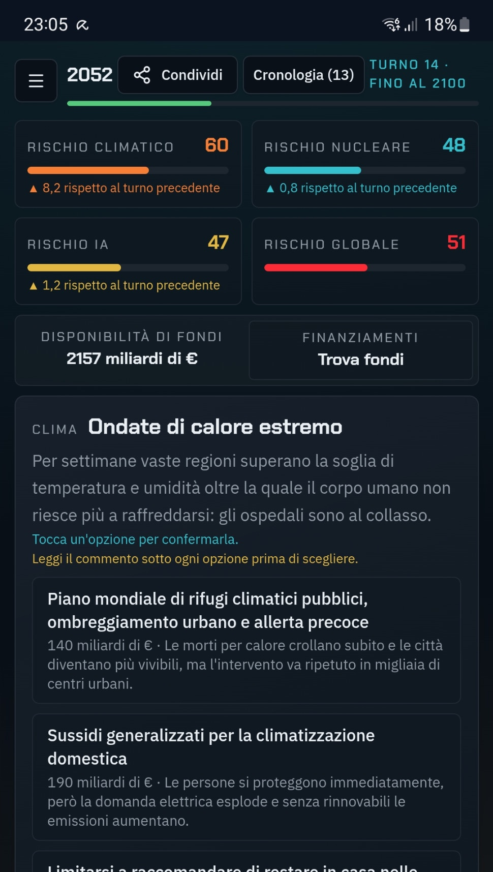 LAST CHANCE smartphone screenshot: the same game adapted to a vertical screen, with risk indicators and decision options.