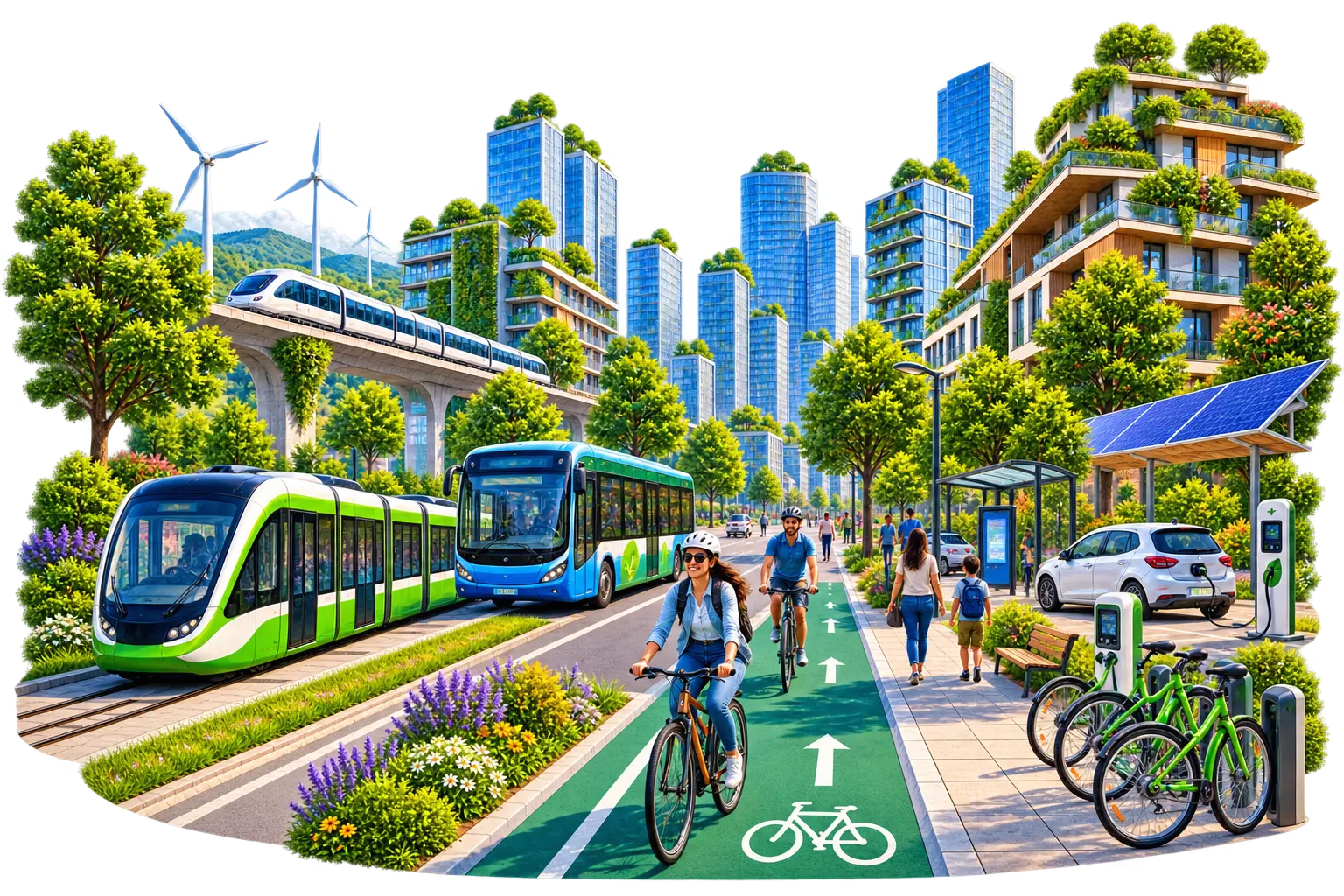 Mobilità sostenibile: tram, autobus elettrico, piste ciclabili e città verde